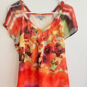 Figueroa & Flower Floral Lace Boho Cottagecore Orange Sheer V Neck L Blouse Top